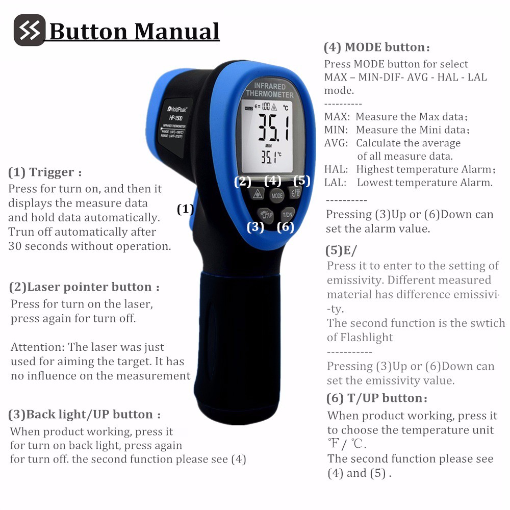 HoldPeak fashion design infrared thermometer maximum distance for business for inspection